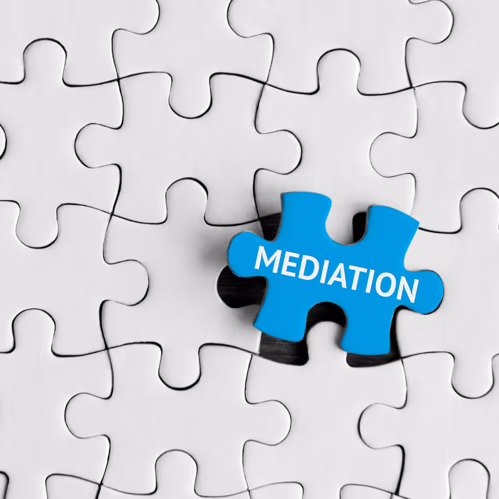 Blue puzzle piece labeled 'MEDIATION' about to be placed in a gap among white puzzle pieces.