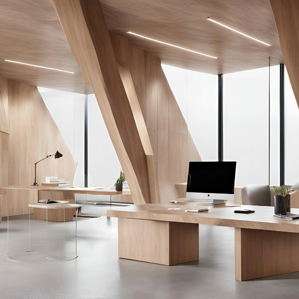 Modern office space with wooden angled beams, large desks, a computer, chairs, and potted plants by tall frosted windows.