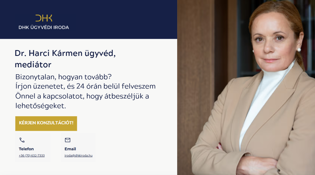 Professional woman in beige blazer with arms crossed beside Hungarian legal consultation text.